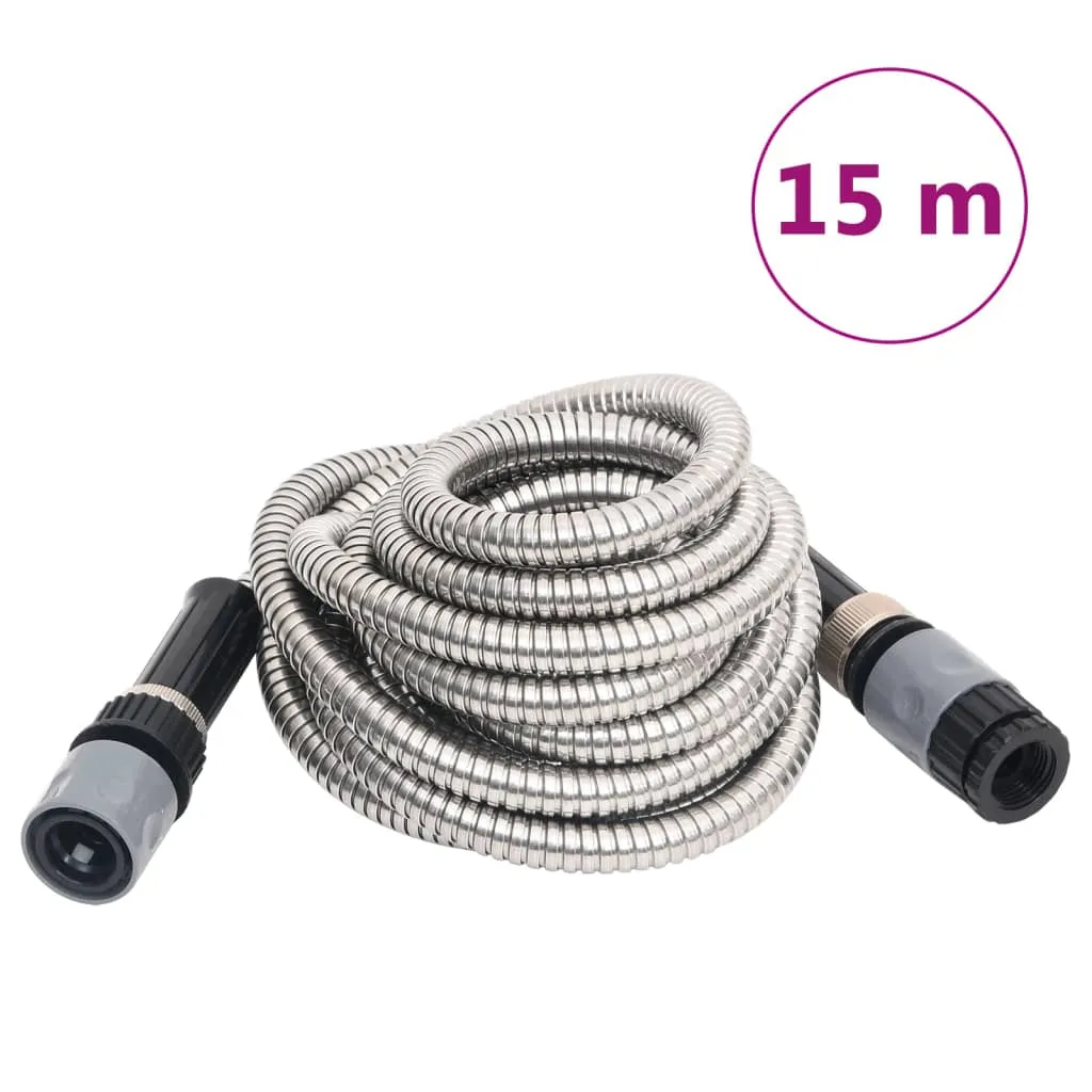 vidaXL 15m Stainless Steel Garden Hose with 8-Function Spray Nozzle - Durable, Kink-Resistant, Versatile