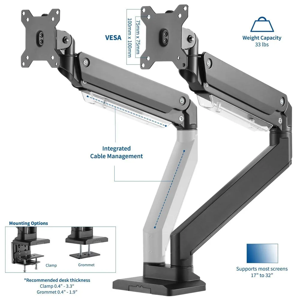 VIVO Black Pneumatic Arm Dual Monitor Desk Mount, STAND-V102G2