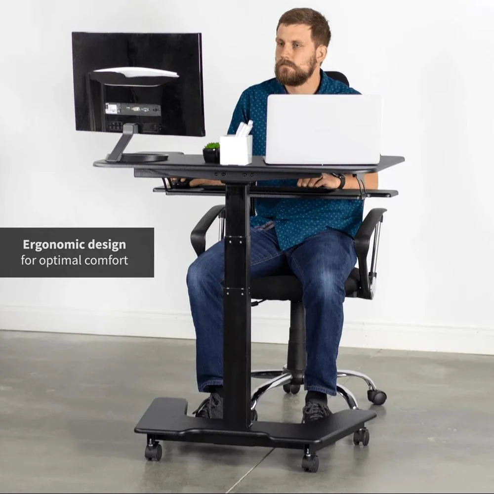 VIVO DESK-V111VT Electric Mobile 36" Height-Adjustable Dual-Platform Standing Desk Workstation w/ Wheels, Memory Pad