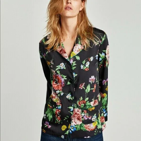 ZARA FLORAL SATIN PJ BLOUSE - M/L